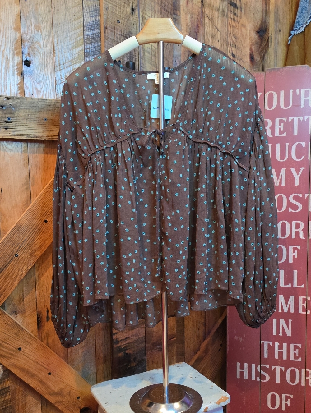 101p Shear easel Brown Floral Tie-Front Peasant Blouse with Teal Floral Dots